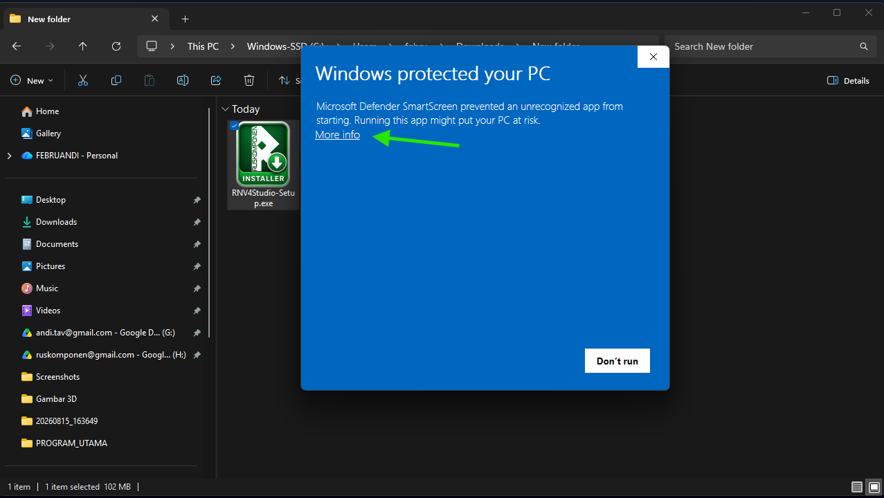 Windows protected your PC — klik More info