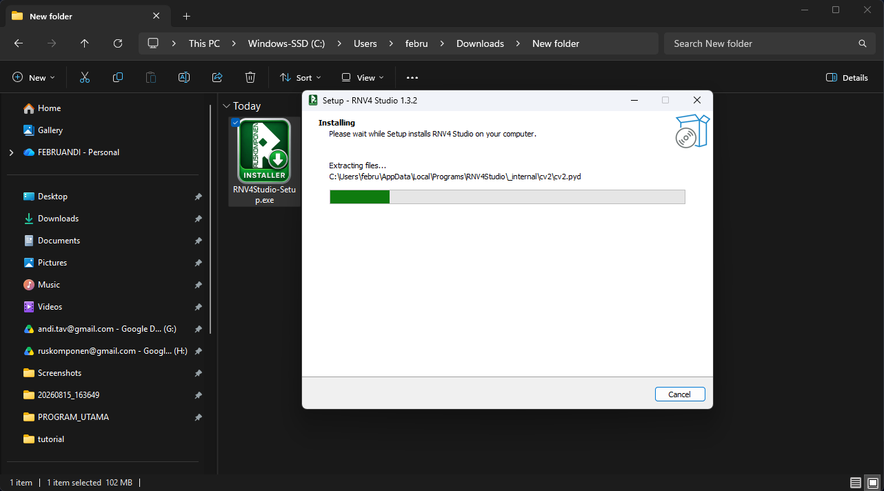 Progress instalasi RNV4 Studio