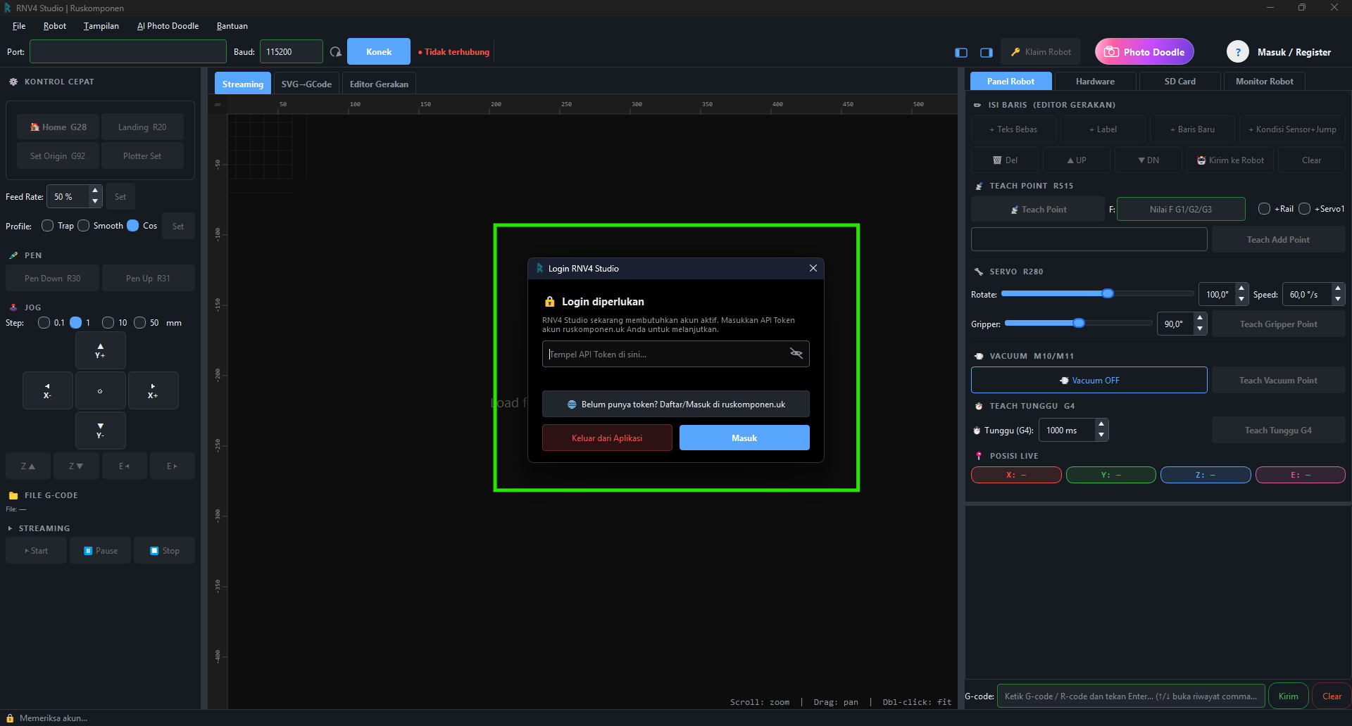 Dialog Login RNV4 Studio — Login diperlukan