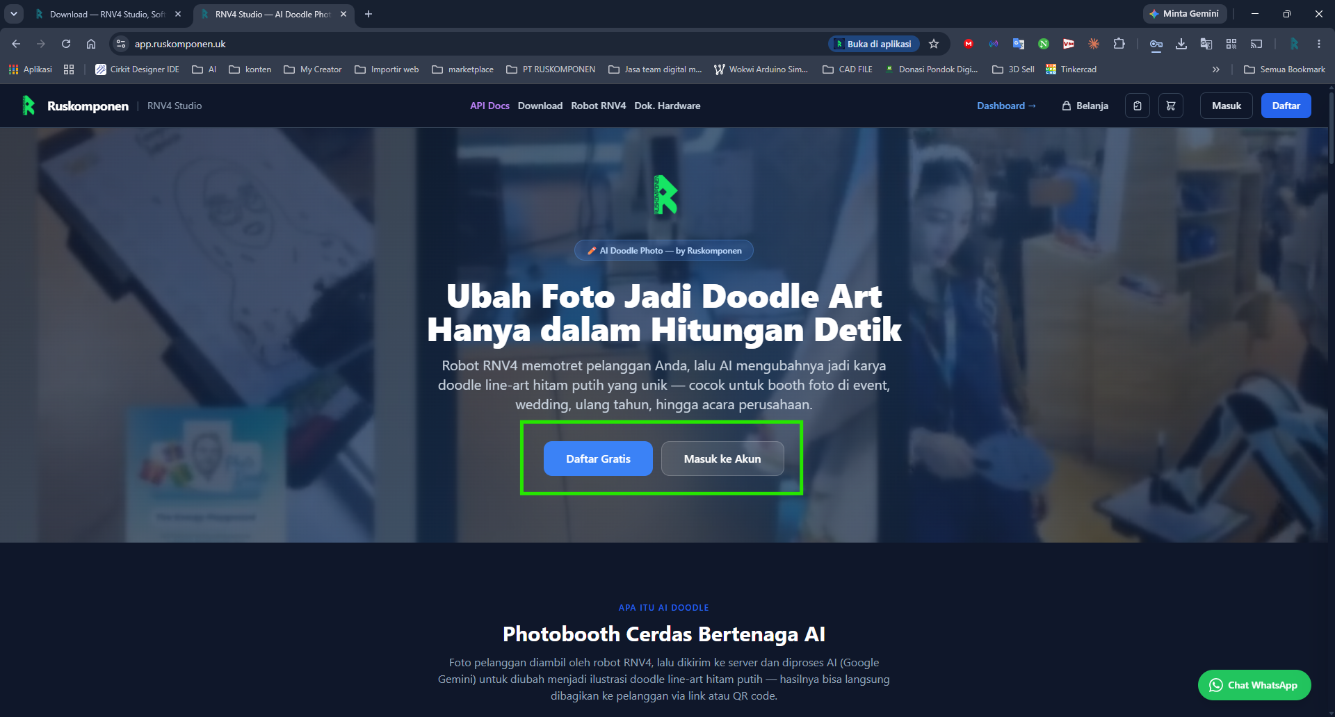 Halaman daftar/masuk akun