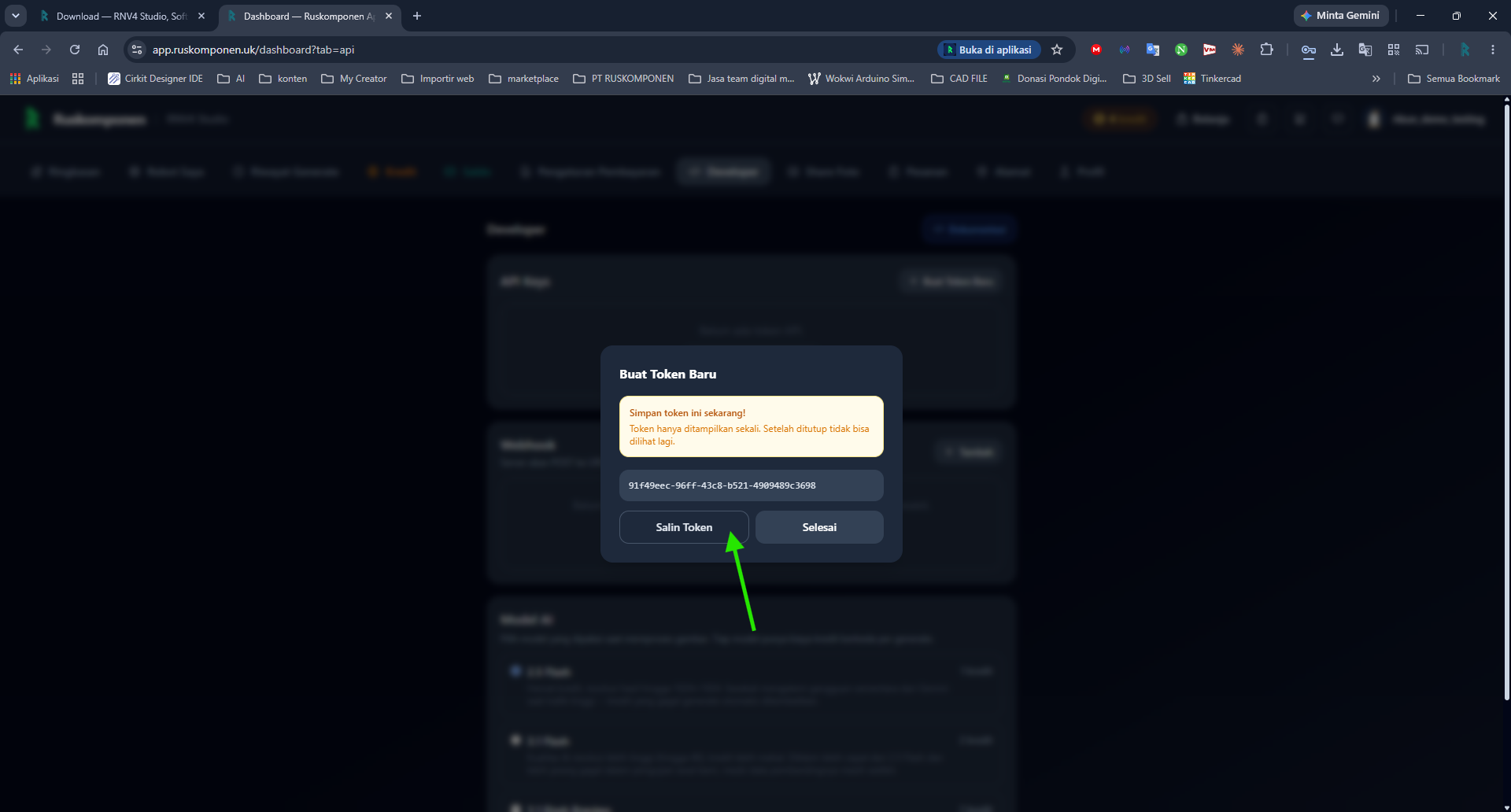 Salin token API yang baru dibuat