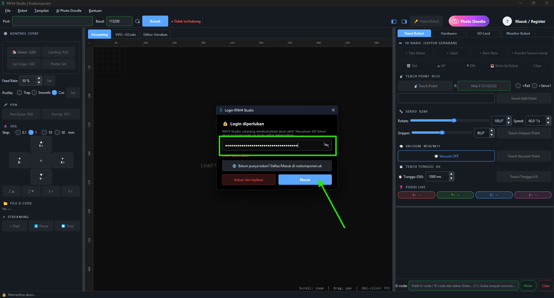 Tempel token di dialog login RNV4 Studio lalu klik Masuk