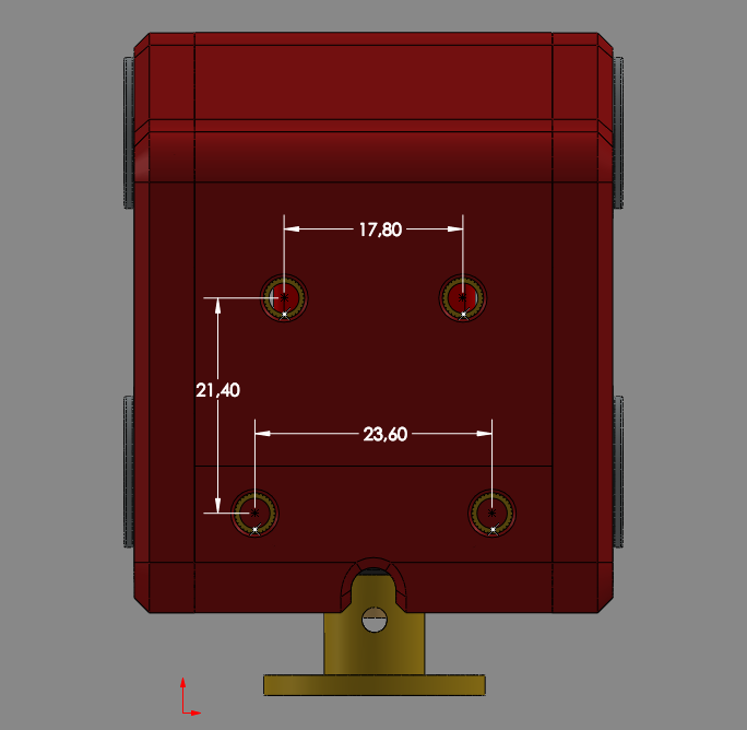 Jarak lubang baut dudukan gripper di ujung lengan robot — 17,80mm horizontal atas, 23,60mm horizontal bawah, 21,40mm vertikal