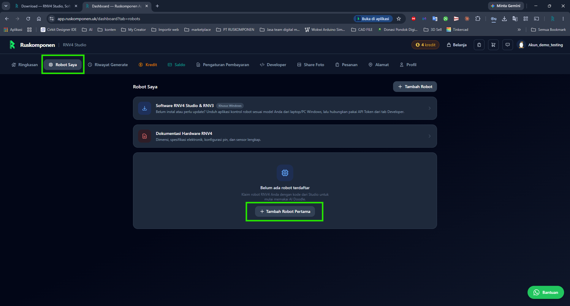 Tab Robot Saya — klik Tambah Robot